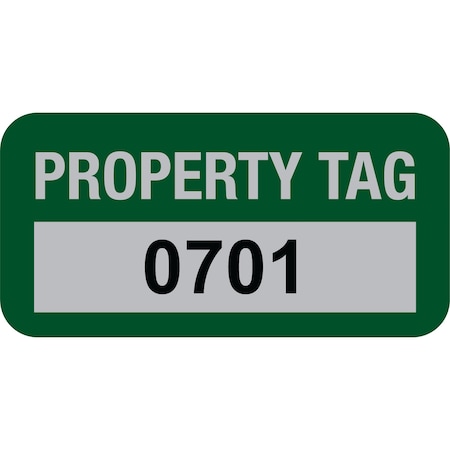 Lustre-Cal Property ID Label PROPERTY TAG5 Alum Green 1.50in x 0.75in Serialized 0701-0800, 100PK 253769Ma1G0701